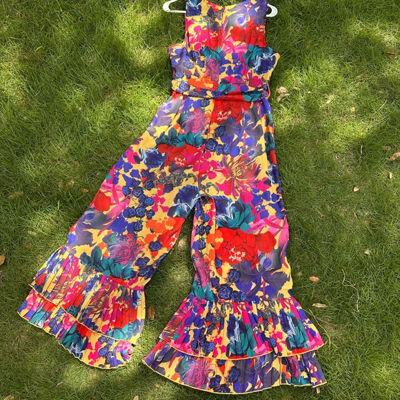 Red and Yellow Cropped Jumpsuit with Ankle Length and Bold Design - Picture 3 of 10